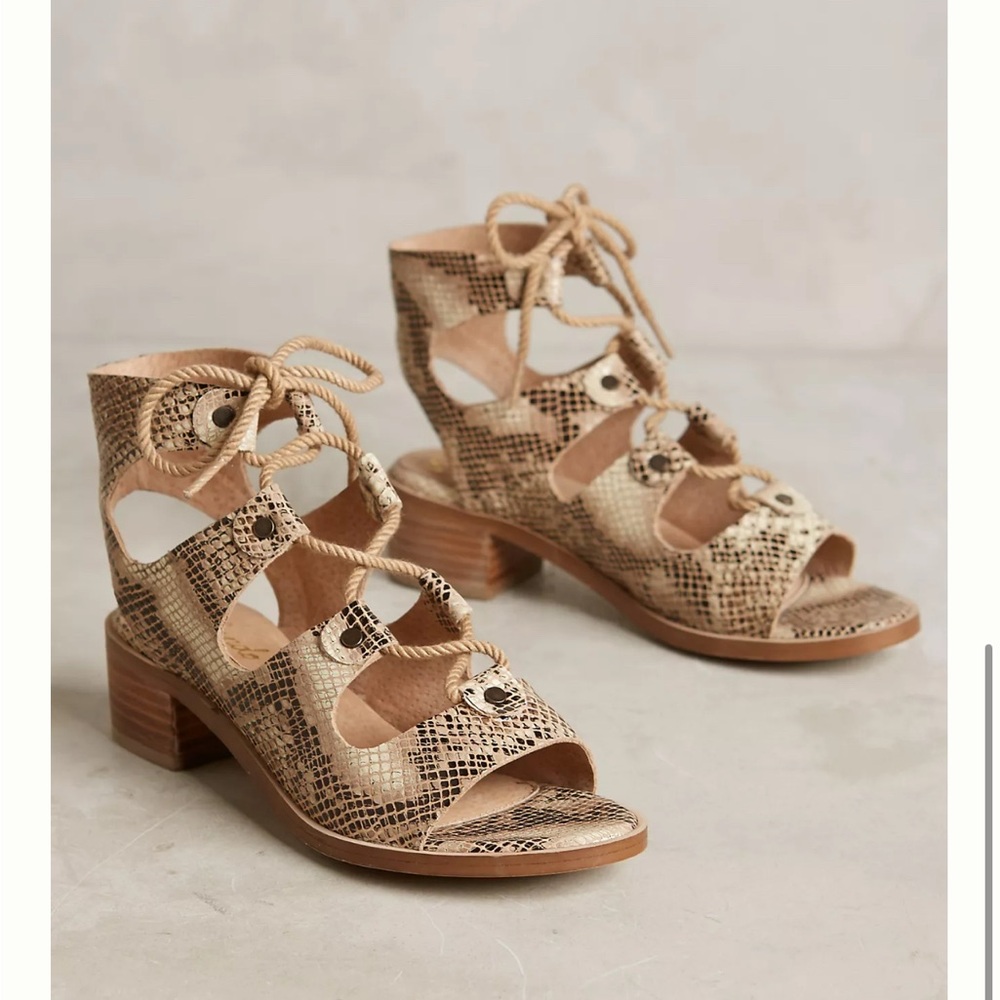Anthropologie Seychelles leather snake print lace up sandals